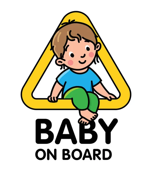 Baby Board Funny Small Smiling Boy Girl Sitting Yellow Triagle — Stockvector
