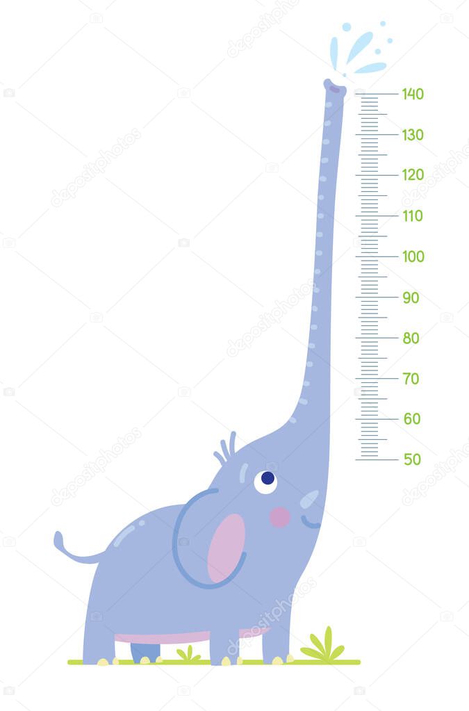Elephant Height chart or meter wall or wall sticker. Children vector illustration with scale 50 to 140 cm to measure growth for kids room.