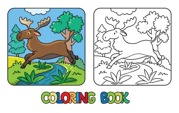 Funny Moose Jumping River Coloring Book Children Vector Illustration — ストックベクタ