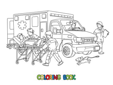 Sağlık görevlileri ve doktor hastayı ambulansa götürün. Boyama kitabı. Çocuklar siyah ve beyaz illüstrasyon