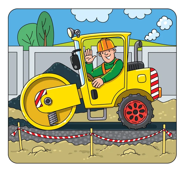 Asphalt Compactor Driver Construction Worker Small Funny Vector Cute Car — 图库矢量图片