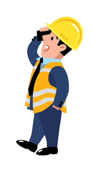 Funny Trabajador Construcción Ingeniero Arquitecto Hablando Por Teléfono Personaje Dibujos — Vector de stock