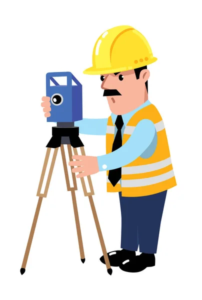 Funny Construction Geodesist Surveyor Holding Device Cartoon Character Man Protective — Stock Vector