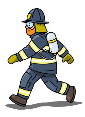 Running brave firefighter in helmet and uniform. Children vector illustration. Fire engine