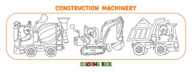 Çöp kamyonu, seyyar vinç, greyder veya buldozer. Sürücüleri olan ağır inşaat makineleri. Çocuklar için boyama kitabı. Küçük komik vektör şirin arabalar ayarlandı. Çocuk vektör illüstrasyonu.