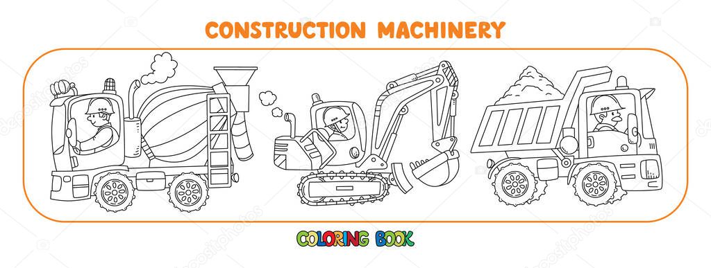 Dump truck, mobile crane and grader or bulldozer. Heavy construction machinery with a drivers. Coloring book for kids. Small funny vector cute cars set. Children vector illustration.