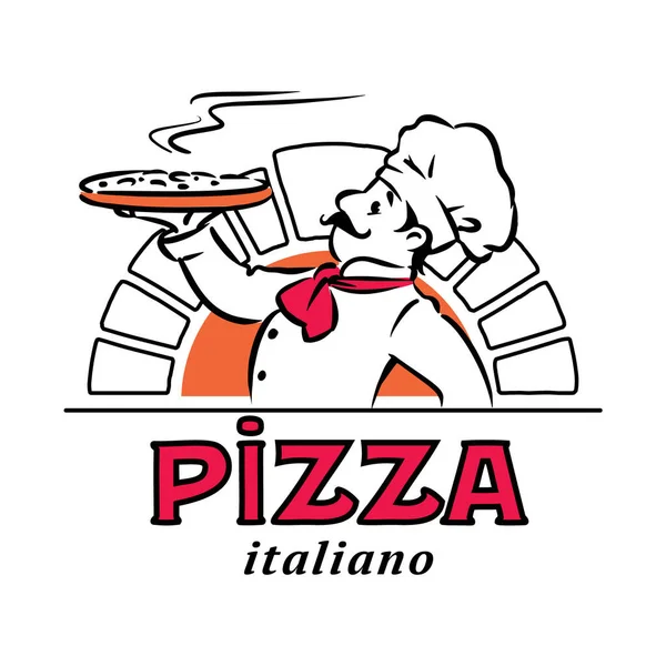 Séf Pizzával Emblem Design Vicces Ember Pék Vagy Szakács Háttérben — Stock Vector