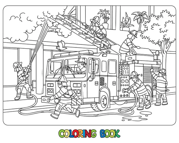 消防車は消防車の隣の建物で火事を消す 子供のベクターイラスト 消防車ぬり絵 — ストックベクタ