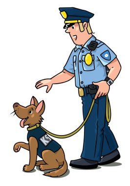 Polis köpekli üniformalı polis. Vektör çizgi film karakteri. Çocuk vektör illüstrasyonu