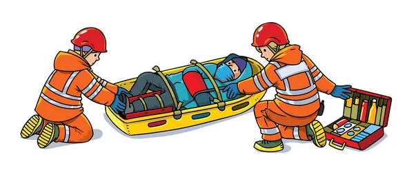 救生员或救援人员提供紧急救援山地救援雪橇 救援队儿童矢量说明 — 图库矢量图片