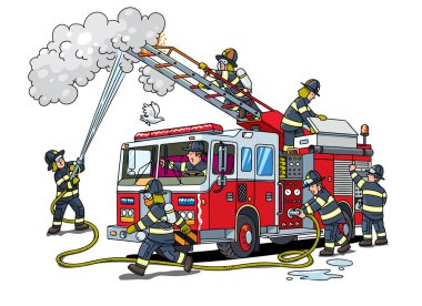 Firefighters extinguish a fire in a building next to a fire truck. Children vector illustration. Fire engine clipart