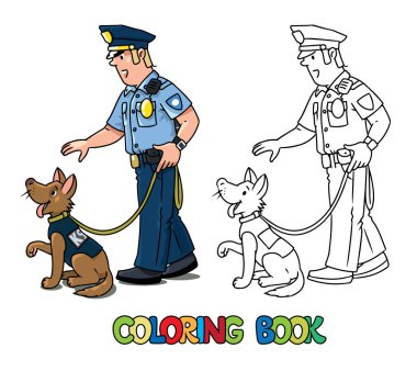 Polis köpekli üniformalı polis. Vektör çizgi film karakteri. Çocuk vektör çizimi. Boyama kitabı