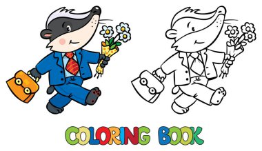 Boyama kitabı komik küçük bebek porsuk takım, çanta ve çiçeklerle. Çocuk illüstrasyon vektör