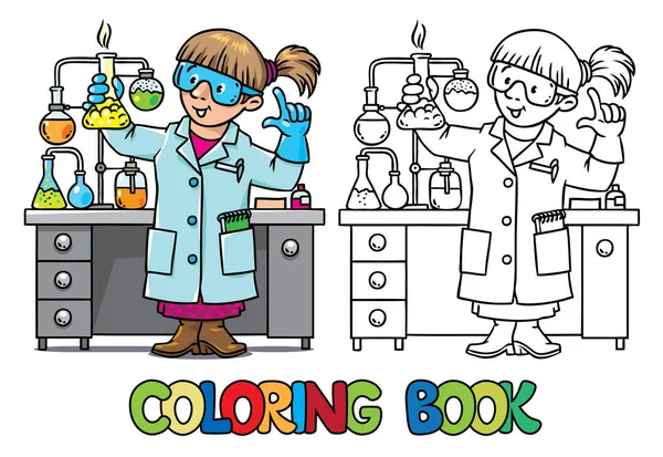 Kolorowanie Obrazu Lub Kolorowanka Śmieszne Chemik Lub Naukowiec Kobietę Okularach — Wektor stockowy