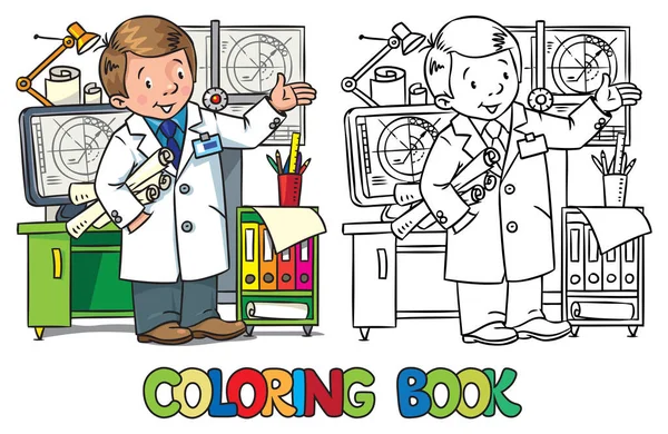 Livro Colorir Engenheiro Engraçado Inventor Homem Casaco Com Desenhos Mão —  Vetores de Stock