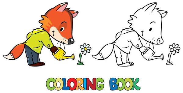 Coloring Book Funny Little Baby Fox Watering Can Flower Children — Stock Vector