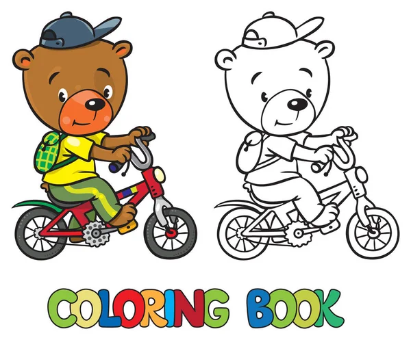 着色书有趣一点有趣的熊骑一辆自行车用背包 儿童矢量图 — 图库矢量图片
