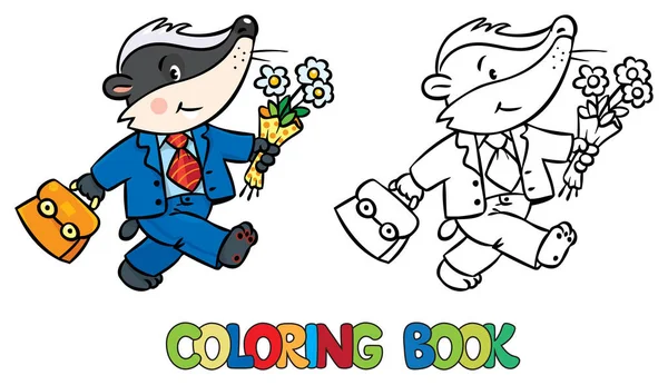 Libro Colorare Divertente Tasso Bambino Abito Con Borsa Fiori Illustrazione — Vettoriale Stock