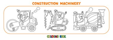 Asfalt sıkıştırıcı, sondaj kamyonu ve beton karıştırıcı. Sürücüleri olan ağır inşaat makineleri. Çocuklar için boyama kitabı. Küçük komik vektör şirin arabalar ayarlandı. Çocuk vektör illüstrasyonu.