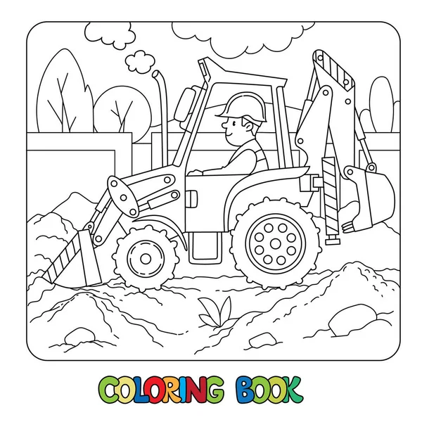 Tractor Construcción Con Cubo Con Conductor Trabajador Libro Para Colorear — Vector de stock