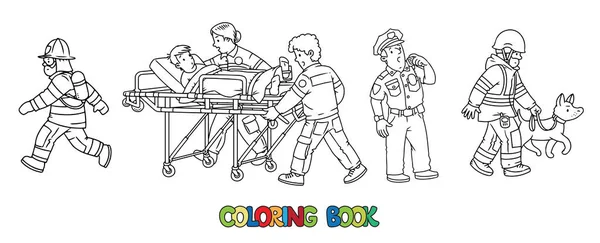 Conjunto Libros Para Colorear Profesión Rescate Policía Bombero Paramédicos Ilustraciones — Vector de stock