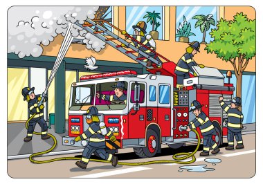 Firefighters extinguish a fire in a building next to a fire truck. Children vector illustration. Fire engine