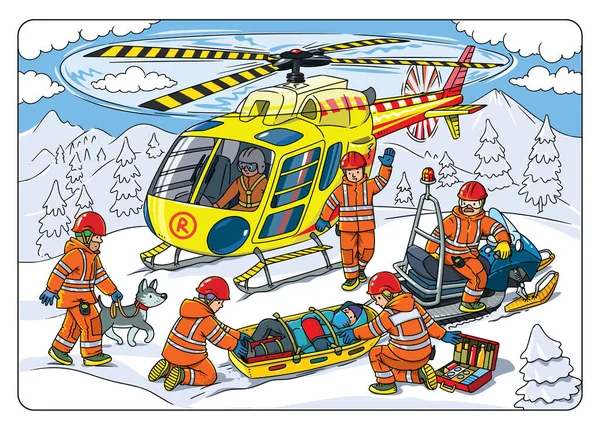 Ελικόπτερο Ναυαγοσώστες Διασώστες Παρέχουν Πρώτες Βοήθειες Στο Έλκηθρο Διάσωσης Βουνού — Διανυσματικό Αρχείο