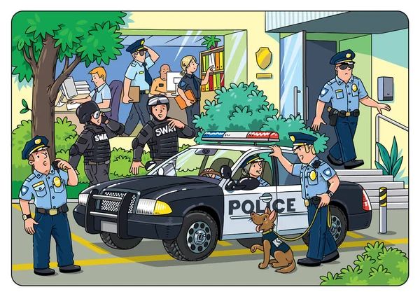 Αστυνομικό Αυτοκίνητο Και Αστυνομικός Στολή Ανεμίζουν Χέρι Διανυσματικός Χαρακτήρας Εικονογράφηση — Διανυσματικό Αρχείο