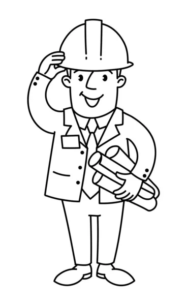 Funny Construction Worker Engineer Architect Holding Projects Blueprints Cartoon Character — Stock Vector