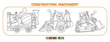 Çöp kamyonu, inşaat traktörü ve beton karıştırıcı. Sürücüleri olan ağır inşaat makineleri. Çocuklar için boyama kitabı. Küçük komik vektör şirin arabalar ayarlandı. Çocuk vektör illüstrasyonu.