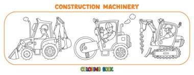 Asfalt sıkıştırıcı, sondaj kamyonu ve traktör. Sürücüleri olan ağır inşaat makineleri. Çocuklar için boyama kitabı. Küçük komik vektör şirin arabalar ayarlandı. Çocuk vektör illüstrasyonu.