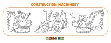 Kazıcı, sondaj kamyonu ve traktör. Sürücüleri olan ağır inşaat makineleri. Çocuklar için boyama kitabı. Küçük komik vektör şirin arabalar ayarlandı. Çocuk vektör illüstrasyonu.