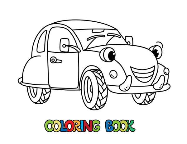 Small Retro Car Funny Vector Cute Vehicle Eyes Mouth Coloring —  Vetores de Stock