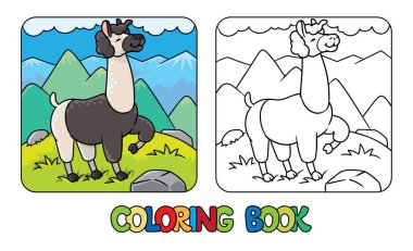 Llama standing on lawn on the mountain background. Kids coloring book. Children vector illustration.