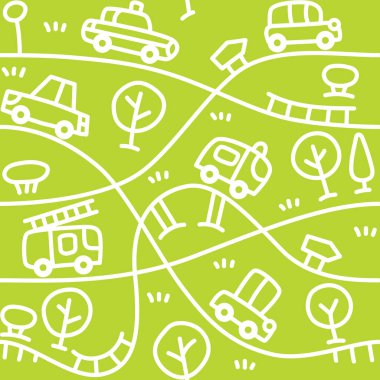 Komik araba yolda. Küçük otomobil, minibüs, kamyon, otobüs ağaçlar ve işaretleri ile Dikişsiz desen. Çocuk illüstrasyon vektör. Çocuklar arka plan
