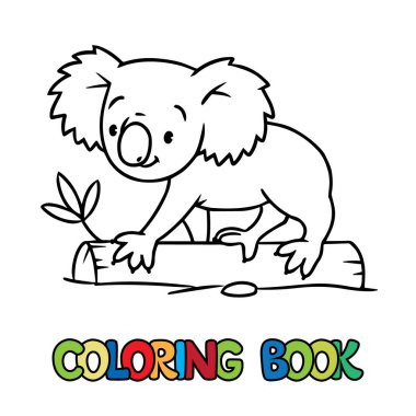 Koala bear. Coloring book or coloring picture with funny animal on eucaliptus tree log.