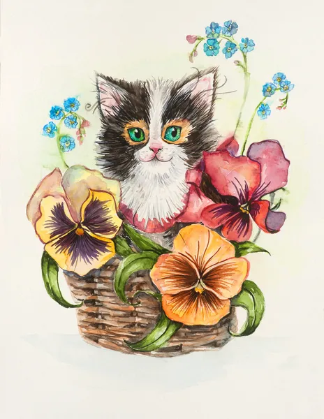 Kedi yavrusu sepette.