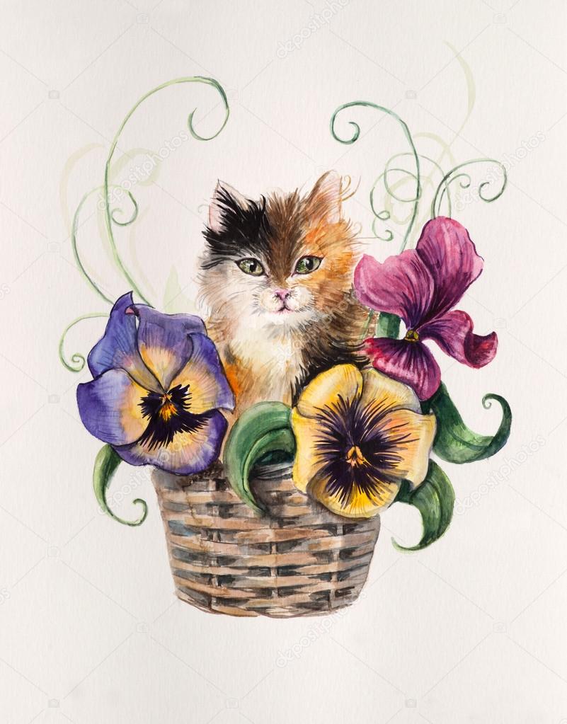 Kitten on the basket with flowers. Violet inside basket.