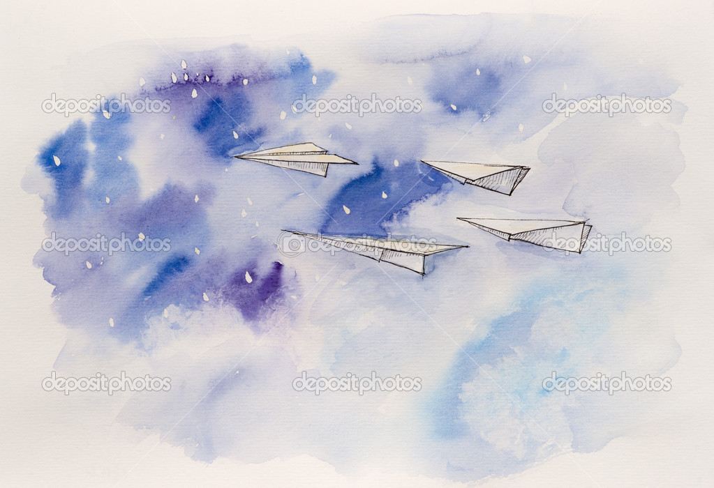 Paper plane,  watercolor composition.