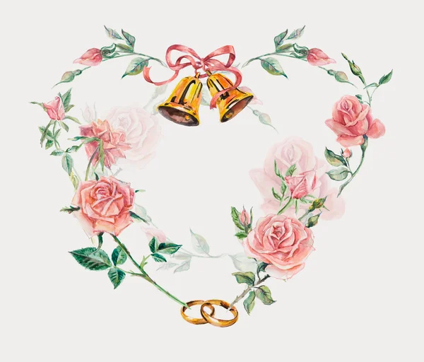 Bruiloft frame met ringen, klokken & rozen. hart rozen. — Stockfoto