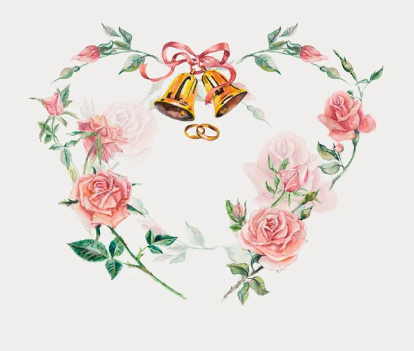 Bruiloft frame met ringen, klokken & rozen. hart rozen. — Stockfoto