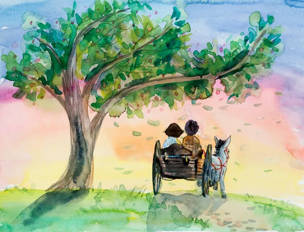 Κορίτσι και ο άνθρωπος σε ένα όχημα. την γάιδαρος είναι τυχερός της cart. — Φωτογραφία Αρχείου