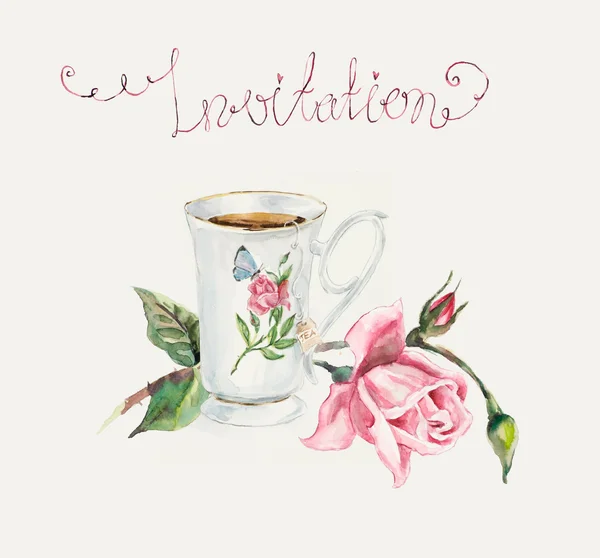 çay vakti. fincan çay ve bir gül dalı ile.