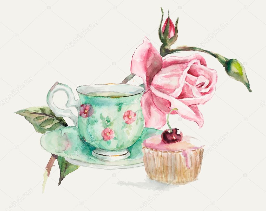 Tea Time. Cup with tea and a rose branch.
