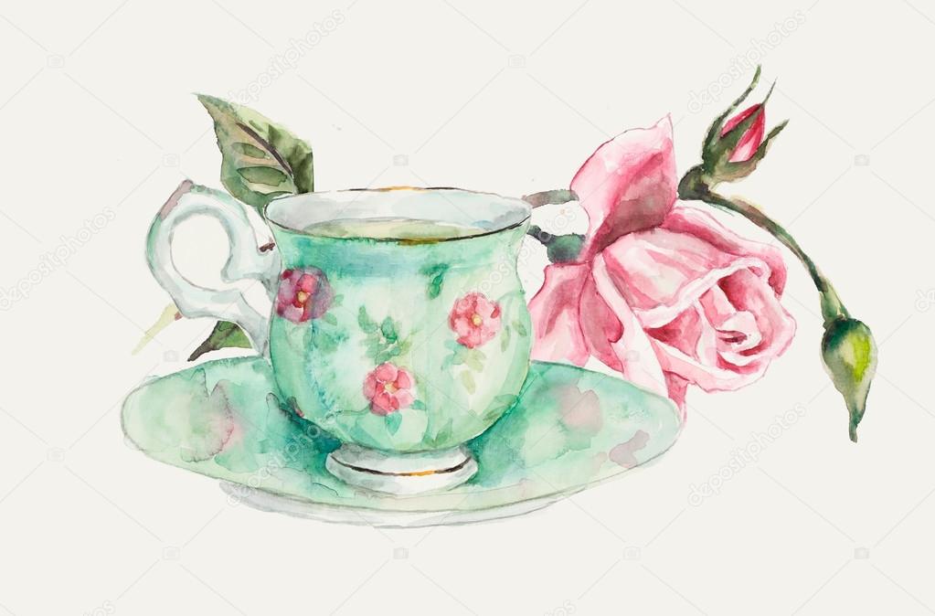 Tea Time. Cup with tea and a rose branch.