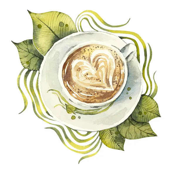 Kávésbögrék Virágos Motívummal Ideális Képeslapokhoz Meghívókhoz Matricákhoz Menütervezéshez Logóhoz Akvarell — Stock Fotó