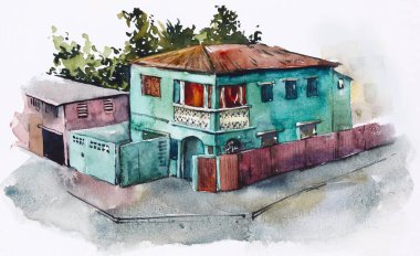 Kasabadaki eski bina. Haiti. Suluboya el çizimi çizimi