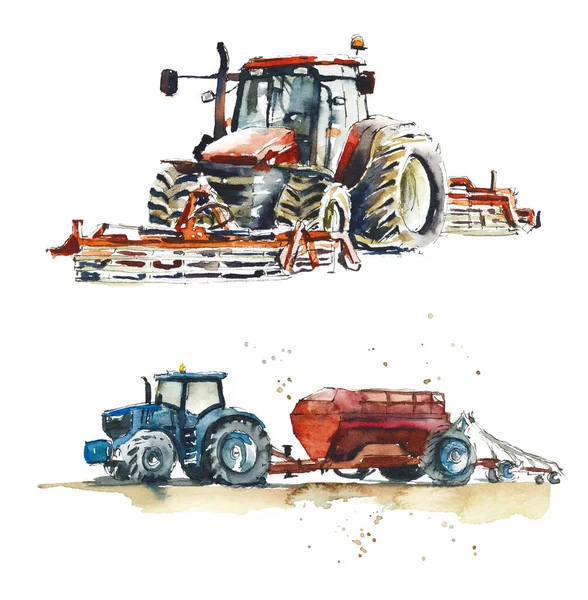 Set Macchine Agricole Illustrazione Disegnata Mano Acquerello — Foto Stock