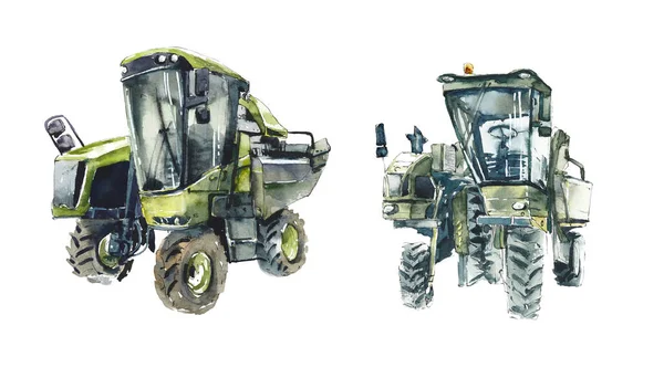 Встановити Сільськогосподарські Машини Акварель Рука Намальована Ілюстрація — стокове фото