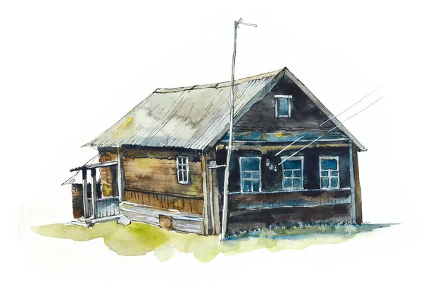 Set Watercolor Cards Russian Vilage Rural Houses Watercolor Hand Drawn — Stock Photo, Image